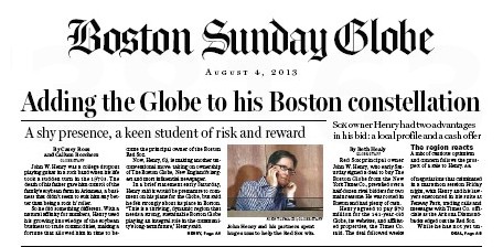 Front Page of Boston Globe Announcing John Henry as New Owner