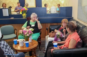 People conversing in lobby