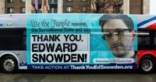 Sign Thanking Snowden on a bus
