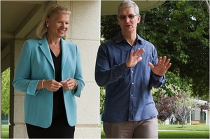 IBM CEO Ginny Rometty and Apple CEO Tim Cook at Apple headquarters on July 16, 2014. Photo Credit: Associated Press